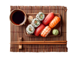 Fresh Japanese Sushi Assortment: Nigiri, Maki, Soy Sauce, Wasabi on Bamboo Mat isolated on a transparent background