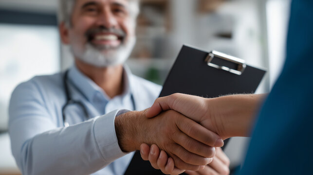 Smiling therapist holding clipboard and shaking hands with male patient handshake close faces cropped environment defocused counseling welcome faceless background defocused - Powered by Adobe