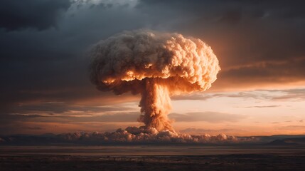 Massive nuclear explosion mushroom cloud at sunset