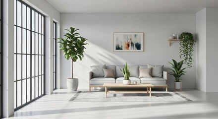 Fototapeta premium Bright and minimalist living room interior with plants and natural light