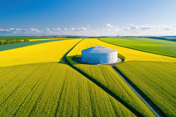 Aerial view of vibrant yellow fields surrounding a modern cylindrical storage building.