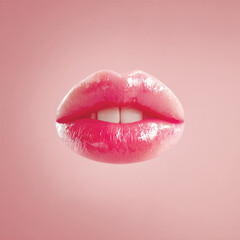 Realistic 3D render of glossy pink lips on soft pastel background, beauty and makeup concept symbolizing sensuality, care, and femininity. Vector illustration