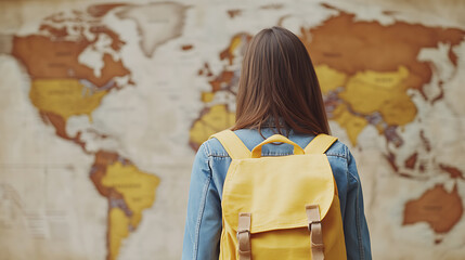Traveler with backpack gazes at a vintage world map, dreaming of future adventures. Exploring destinations and planning a journey.
