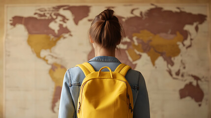 Woman with backpack exploring world map, planning future travels and global adventures. Exciting journey ahead! Ready to discover new places.