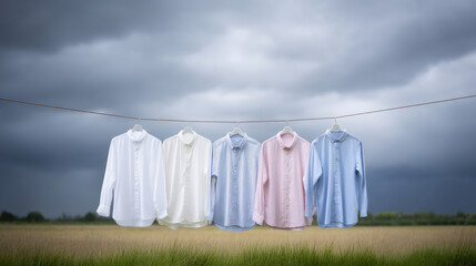Freshly laundered shirts hanging on a line against a stormy sky backdrop.