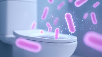 Illustration of bacteria floating above a toilet, showcasing microbial life in a sanitary environment.