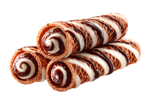 Decadent Chocolate Swirl Cream Wafer Rolls isolated on a transparent background