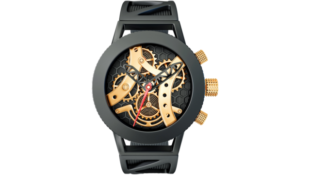 Luxury black wristwatch with golden mechanical gears and skeleton dial design