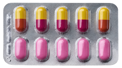 Pill blister pack with tablets showing medical pharmaceutical packaging and healthcare medication concept isolated on white background