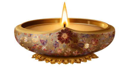 Golden decorative diya oil lamp with glowing flame showing traditional festive illumination and spiritual celebration symbol isolated on white background