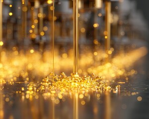 Golden liquid splash industrial process – golden liquid pouring in macro industrial background with warm glowing tone, luxury golden liquid manufacturing and metallic texture concept for modern design