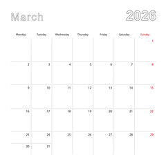 Simple wall calendar for March 2026 with dotted lines. The calendar is in English, week start from Monday.