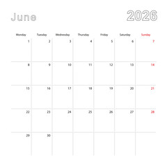 Simple wall calendar for June 2026 with dotted lines. The calendar is in English, week start from Monday.