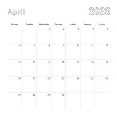 Simple wall calendar for April 2026 with dotted lines. The calendar is in English, week start from Monday.