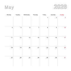 Simple wall calendar for May 2026 with dotted lines. The calendar is in English, week start from Monday.