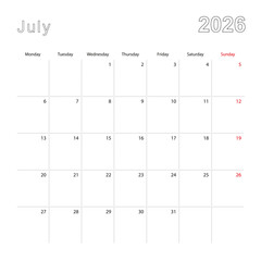 Simple wall calendar for July 2026 with dotted lines. The calendar is in English, week start from Monday.