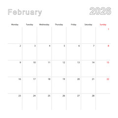 Simple wall calendar for February 2026 with dotted lines. The calendar is in English, week start from Monday.