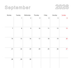 Simple wall calendar for September 2026 with dotted lines. The calendar is in English, week start from Monday.
