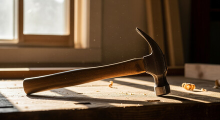 Classic Carpenter's Hammer Bathed in Morning Sunlight on Bench
A traditional claw hammer with a wooden handle rests horizontally on a rustic, solid wood workbench
