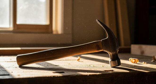 Classic Carpenter's Hammer Bathed in Morning Sunlight on Bench
A traditional claw hammer with a wooden handle rests horizontally on a rustic, solid wood workbench
 - Powered by Adobe