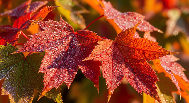 Autumnal Canopy: Dew-kissed maple leaves blaze in the vibrant hues of autumn, a seasonal symphony of color and texture in the gentle morning light. 