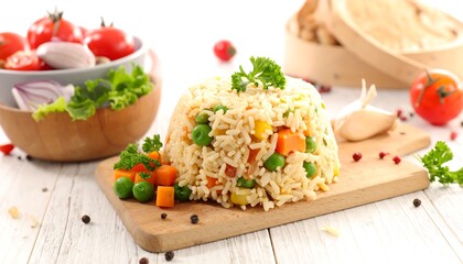 A mound of seasoned rice mixed with colorful vegetables is presented on a wooden board. Fresh produce accompanies it in bowls