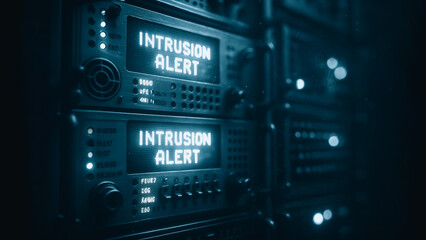 A server rack displays an Intrusion Alert, highlighting network vulnerability and cyber security, a visual representation of the digital world's potential risks.
