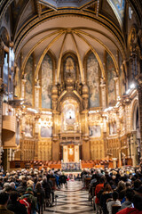 Experience the stunning architecture and spiritual atmosphere of a grand cathedral filled with people, perfect for travel blogs, historical documentaries, and faith-based publications