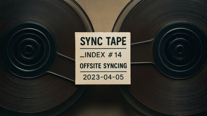 An artistic close-up showcases a vintage sync tape, capturing the essence of nostalgia and analog technology. The label reveals details of the recording index and date, adding a touch of retro charm.