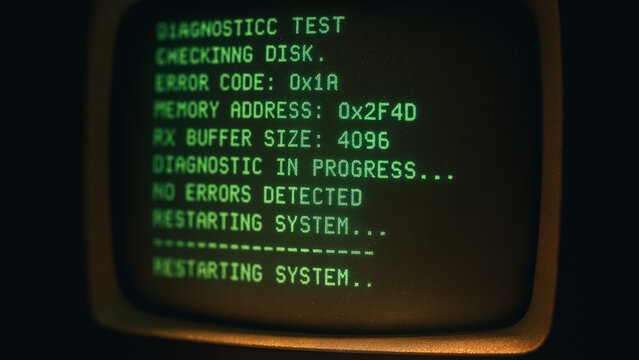A close-up shot of a vintage computer screen with diagnostic information and a error code, the image evoke sense of technological nostalgia and the potential for troubleshooting.