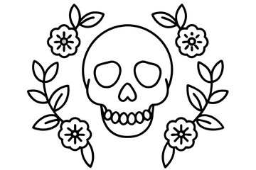 Floral Skull Wreath Vector Design, Sugar Skull Surrounded by Roses, Marigolds, and Leaves isolated on white background