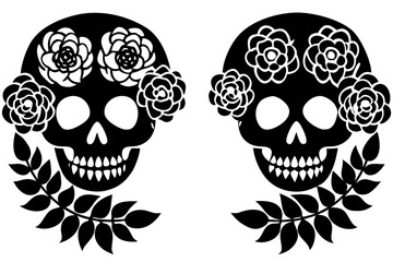 Obraz premium Floral Skull Wreath Vector Design, Sugar Skull Surrounded by Roses, Marigolds, and Leaves 