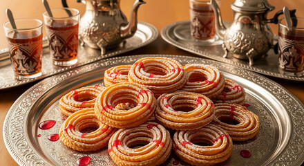 Fototapeta premium Traditional Arabic sweet pastries served with mint tea on a silver platter