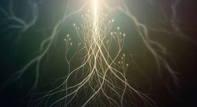 Abstract glowing roots with light rays on a dark green background