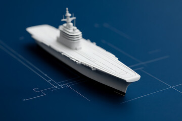 Aircraft carrier model on blueprints. Miniature ship design and maritime concept. Naval engineering. Technical document.