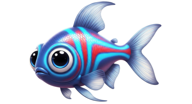 Cartoon Striped Fish with Big Eyes, Blue and Red on White