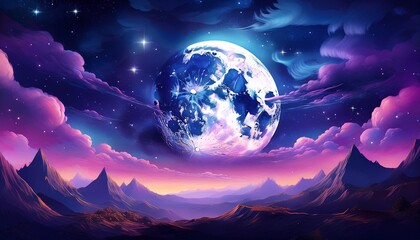 serene moon and starry night scene captivating celestial artwork featuring a luminous lunar arc amidst ethereal purple clouds it evokes wonder dreams and tranquil slumber