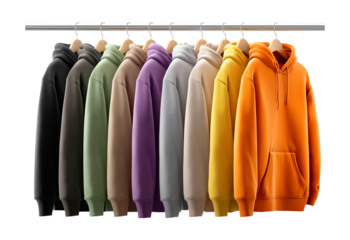Colorful Hoodies on Hangers: A Vibrant Collection of Casual Apparel isolated on a transparent background