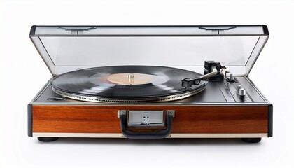 a vintage turntable with a wooden case and a clear lid isolated on a white background