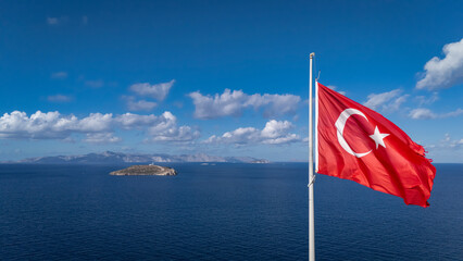 Turkish Flag Flying Over Kardak Rocks in Bodrum, Aegean Sea