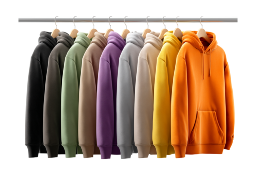 Colorful Hoodies on Hangers: A Vibrant Collection of Casual Apparel isolated on a transparent background