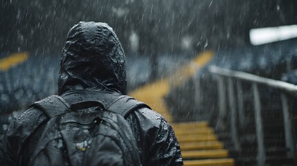 Person in a black rain jacket with a backpack walks up a set of concrete and yellow stairs in the rain, conveying determination and challenge.