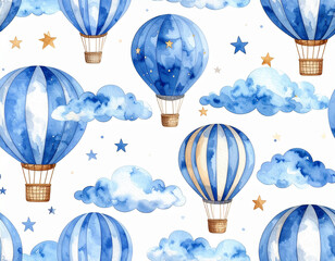 Naklejka premium Blue hot air balloons with clouds and golden stars watercolor pattern seamless pattern
