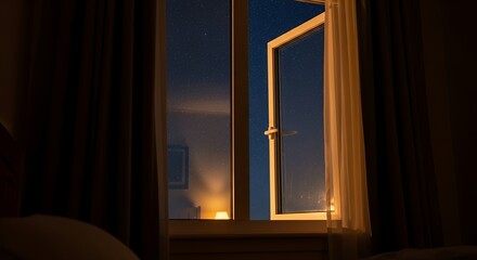 Obraz premium Peaceful Night View Through Open Window with Soft Light and Starry Sky - Cozy Bedroom Scene at Twilight