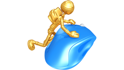 3D golden figure surfing on blue computer mouse digital technology concept