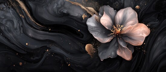 Abstract Flower with Gold Accents on Black Marble