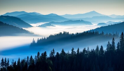Obraz premium silhouetted mountain landscape fog a mountain range with forest