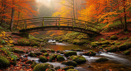 Autumn's Embrace: A wooden bridge gracefully arches over a tranquil stream, framed by vibrant autumn foliage that paints a picturesque landscape of natural beauty.