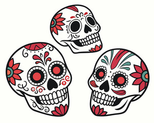 Day of the Dead Sugar Skull Vector Set, Colorful Calavera Icons, Mexican Holiday Decoration Isolated on White