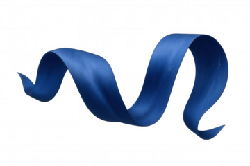 Blue ribbon strip unfurling, flowing and curling in an elegant abstract wave, isolated on a transparent background